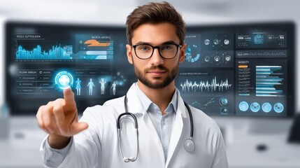 Modern male doctor with glasses and stethoscope pointing at futuristic medical interface screens displaying health data charts and analytics