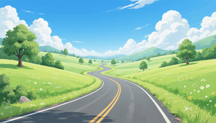 Winding Road Through Green Meadows Under Blue Sky