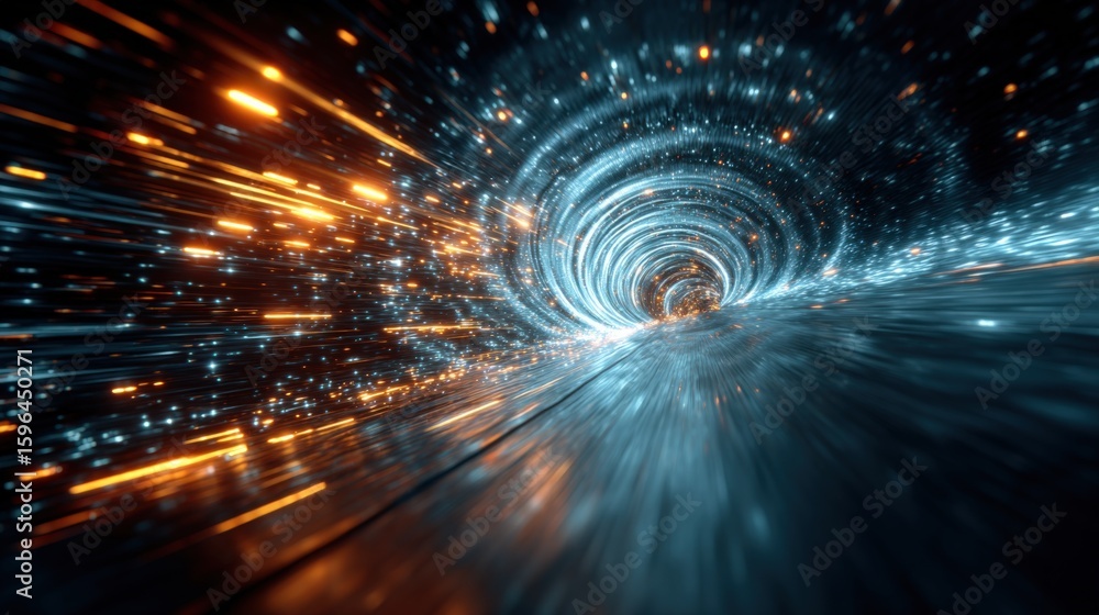 Aufkleber futuristic space-time wormhole tunnel with brilliant light streaks and sparkling particles in deep s