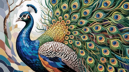 Vibrant peacock displaying its colorful feathers in a detailed artistic illustration