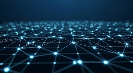 Obraz premium A vast digital network of interconnected glowing blue points and lines stretches into the distance, illustrating global connectivity and the flow of information