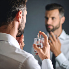 A man applies perfume while looking in the mirror, focusing on grooming.