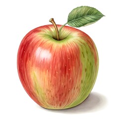 Realistic watercolor painting of a red and green apple with a leaf
