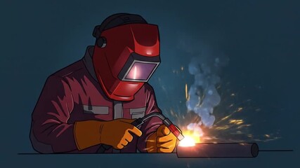 Vector-style animationof a welder in a protective mask and uniform, working on a metal pipe with bright sparks flying. Industrial concept.