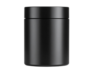 Matte black cylindrical cosmetic container with blank label, isolated on a transparent background