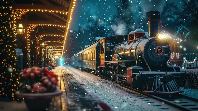 Festive Christmas train decorated for holiday rides through snowy winter town