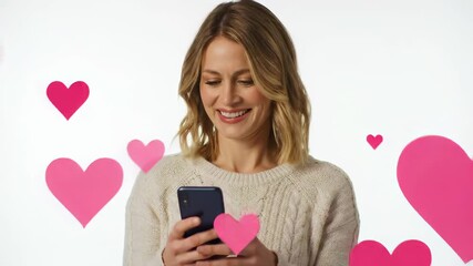 Caucasian woman using smartphone surrounded by pink hearts on a white background. concept of online dating, messaging, digital romance, love communication, mobile dating - Powered by Adobe