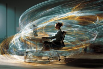 Finance manager engages with swirling streams of ai data. Ai and economy. Finance teams' ai adoption accelerates: key insights. Finance trends. Vr in finance.