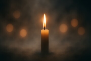 Single candle flame burning brightly in a dark and soft-focus background
