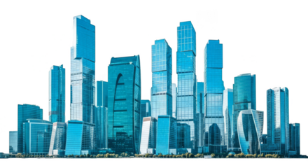 Gleaming blue buildings pierce the inky sky