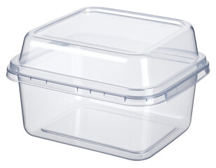 Transparent plastic clamshell food container with empty label space, isolated on a transparent background