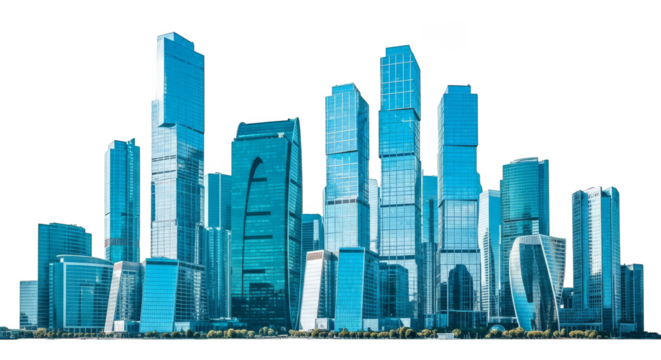 Gleaming blue buildings pierce the inky sky