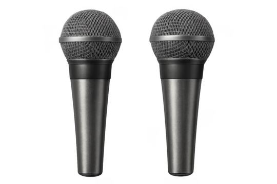 Two Metallic Microphones Isolated on Transparent Background
