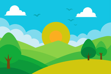 Obraz premium bright nature scene with rolling hills and birds