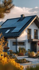 Vibrant photo of close-up of new suburban house with a photovoltaic system on the roof. Modern eco friendly passive house with solar panels on the gable roof, with sunlight in.
