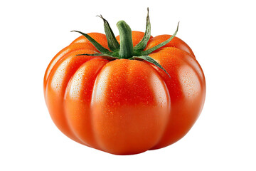 Isolated, vibrant red tomato with green stem on contrasting transparent background