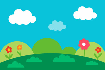 playful grassy landscape with clouds and flowers