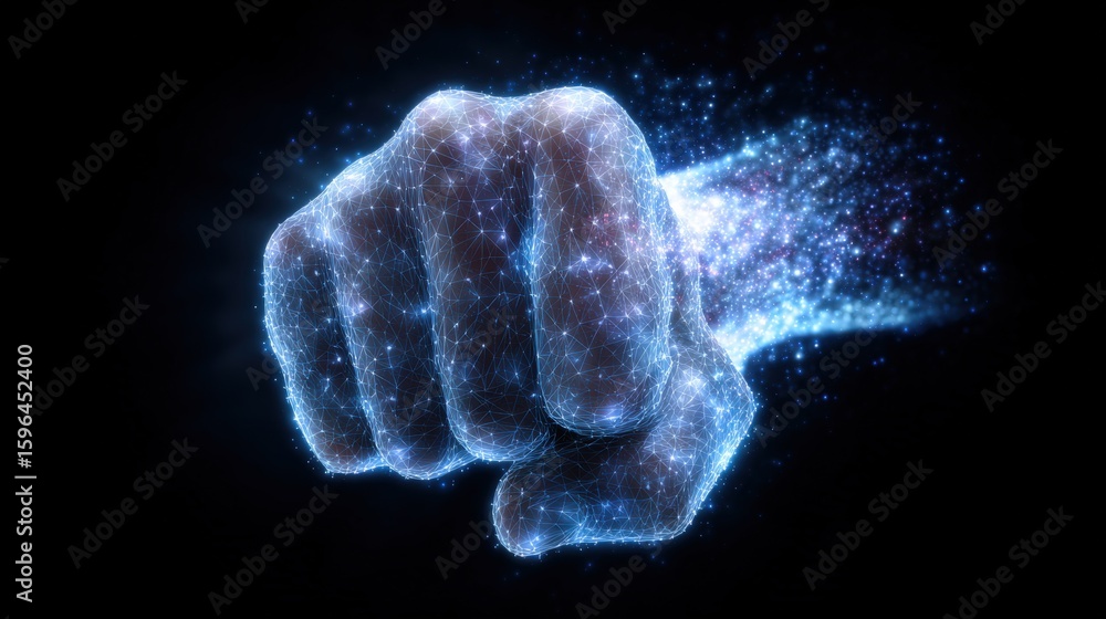 Poster futuristic digital hand created with glowing particles and light effect in a dark space background f