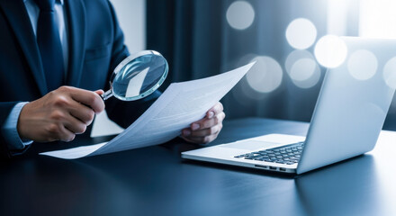 Magnifying glass document review audit compliance investigation analysis business finance contract legal