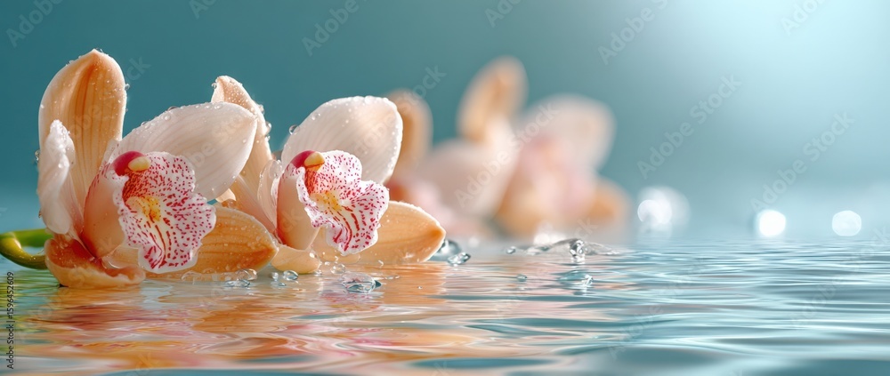 Poster beautiful delicate orchids floating on calm water with soft light reflecting and creating a peaceful