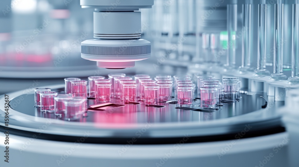Poster modern laboratory scene with advanced robotic pipetting system handling pink test tubes for scientif