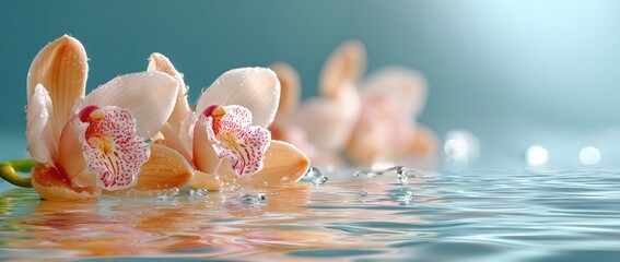 Fototapeta na wymiar Beautiful delicate orchids floating on calm water with soft light reflecting and creating a peaceful tranquil spa or relaxation scene