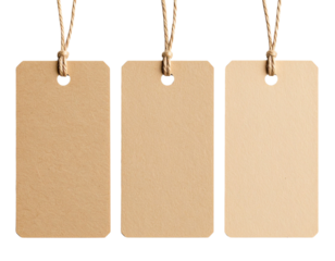 Flat lay of three shipping labels with different sizes, isolated on a transparent background