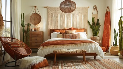 Serene bedroom with earthy tones, woven textures, and desert plants.  Features a large bed, wooden furniture, and macrame wall hanging
