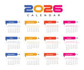 2026 colorful calendar template for diary, planner, organizer with months and weeks in English