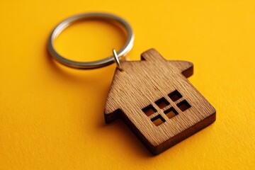 Wooden house-shaped keychain with metal on vibrant yellow background, modern elegant accessory for keys or decorative purposes