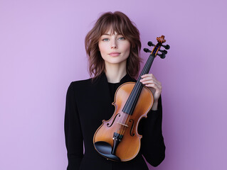 Female musician holding a violin, wearing a black outfit, standing against a pastel lilac background