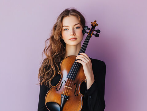 Female musician holding a violin, wearing a black outfit, standing against a pastel lilac background - Powered by Adobe