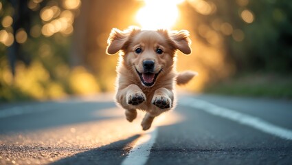 Joyful golden retriever puppy running towards camera in golden hour sunlight