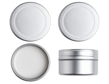 Metal tin container with screw cap for balm or cream, isolated on a transparent background
