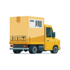 Yellow delivery truck loaded with a large cardboard box