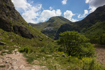 Beautiful hiking trail wat the Steall Waterfall along the Nevis Gorge in the famous Glen Coe valley...