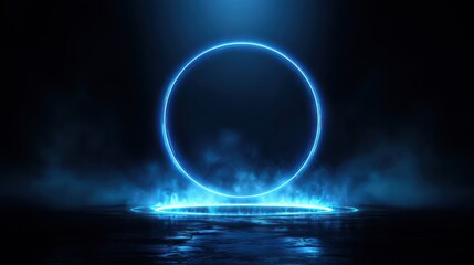 Vibrant photo of fantastic modern futuristic neon blue circle, portal in smoke. Stage for product light platform. Circle vector HUD, GUI, UI interface screen design. Magic.