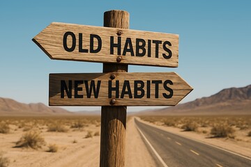 A weathered wooden signpost contrasts old and new habits in a desert setting, guiding choices.