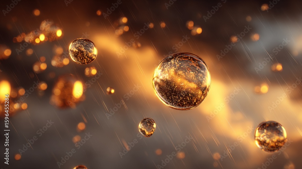 Aufkleber abstract cosmic black and gold spheres with glowing sparkling particles floating in a fiery cosmic b