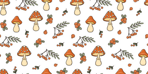 Autumn seamless pattern with doodles of mushrooms and rowan tree berries on white background for textile prints, wallpaper, wrapping paper, scrapbooking, backgrounds, etc. EPS 10