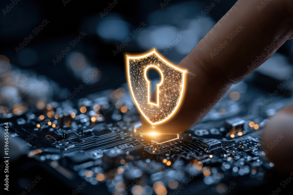 Poster close up of a finger pressing a glowing digital keyhole shield icon on a circuit board representing 