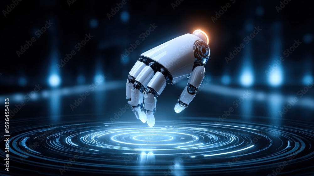Poster futuristic robotic hand with advanced mechanical fingers reaching downward over digital holographic 