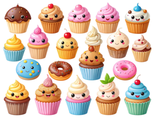 Cute Dessert Icons with Happy Faces, isolated on a transparent background.
