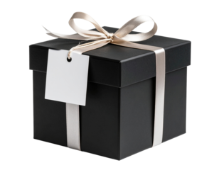 Matte black gift box with ribbon and blank tag, isolated on a transparent background