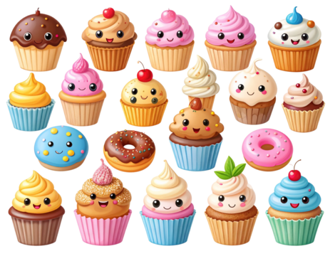 Cute Dessert Icons with Happy Faces, isolated on a transparent background. - Powered by Adobe
