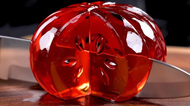 Crystal tomato sliced with sharp knife. Translucent red sphere fruit art design. Food cooking culinary recipe presentation. Dark background wood surface still life