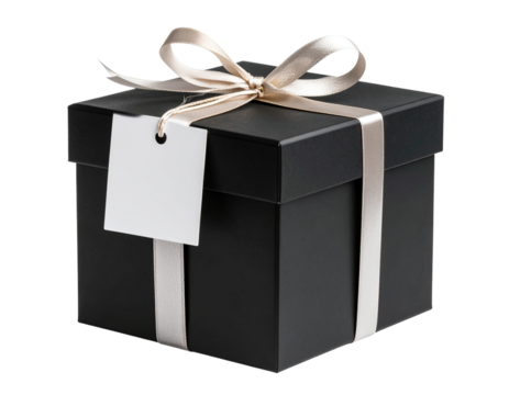 Matte black gift box with ribbon and blank tag, isolated on a transparent background