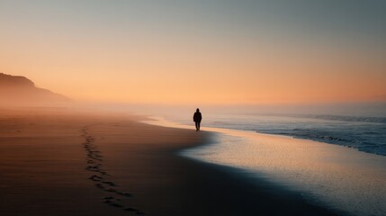 Serene solitary figure walking along deserted beach at sunset with vibrant colors and tranquil ocean waves in the background