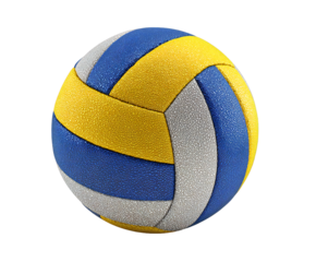 Isolated volleyball showcasing vibrant panels in blue, yellow and grey, a dynamic sports equipment presentation on transparent background
