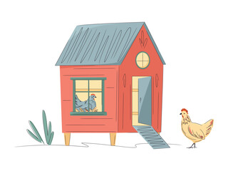 Colorful chicken coops with hen isolated on white. Hand drawn vector illustration. Bright, organic design for local farm, urban homesteading, fresh food, and countryside life
